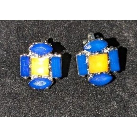 Vintage Blue Yellow Clip-On Earrings Silver-Tone Details Retro Geometric Design - Picture 5 of 7